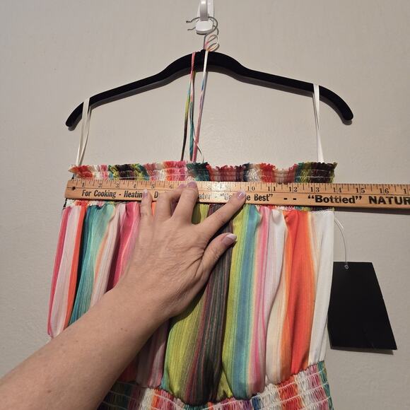 Boston Proper NWT Rainbow Stripe Maxi Dress Womens SM Tie Neck Colorful Boho - Picture 7 of 16